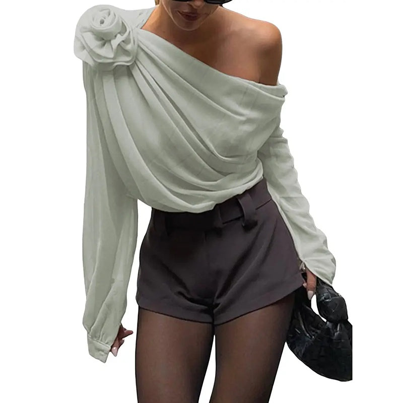 Women's Off Shoulder Tops - Elegant Long Sleeve Asymmetrical Neck Ruched Chiffon Blouse Shirts Going Out Top Y2k Shirts