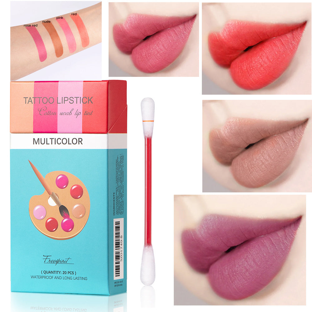 20 Pcs Set Cotton Swab Lipstick - Portable Lipsticks Cosmetics Waterproof Case Lasting Long Liquid Lipstick