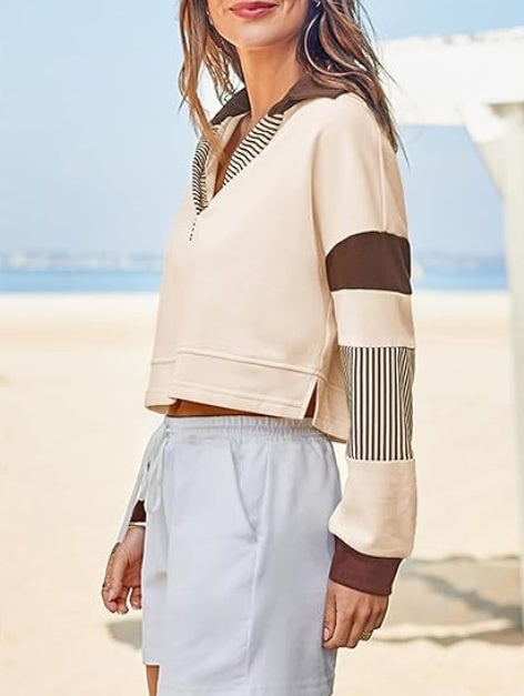 Fashionable Women's Long Sleeve Crop Tops - V Neck Color Block Casual Loose Pullover Cropped Sweatshirt