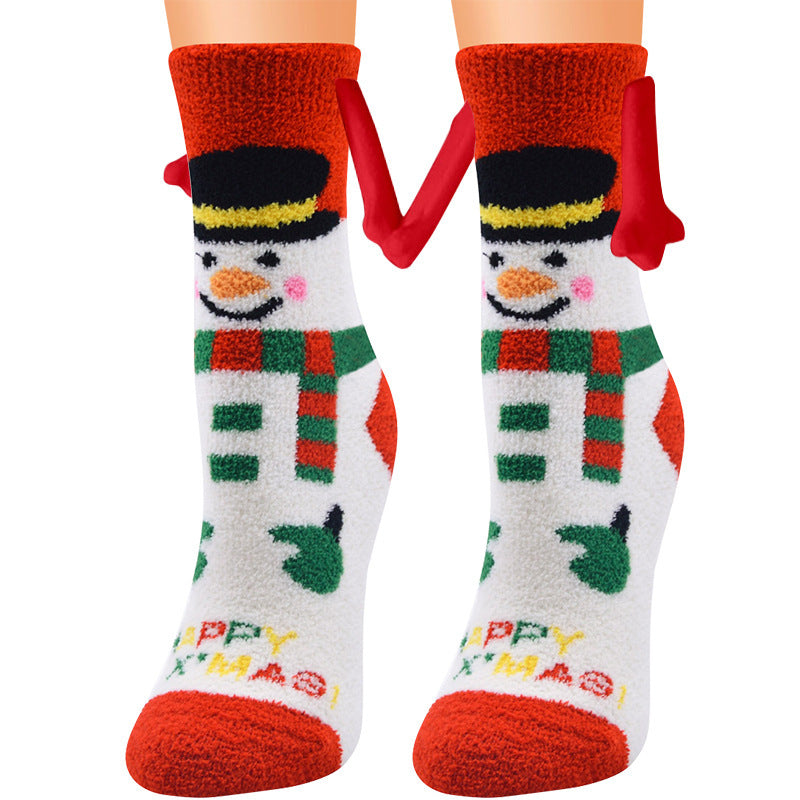 Christmas Supplies Magnetic Suction Hand In Hand Couple Socks - Coral Fleece Tube Socks Warm Slipper Bed Socks Winter Soft Warm Slipper