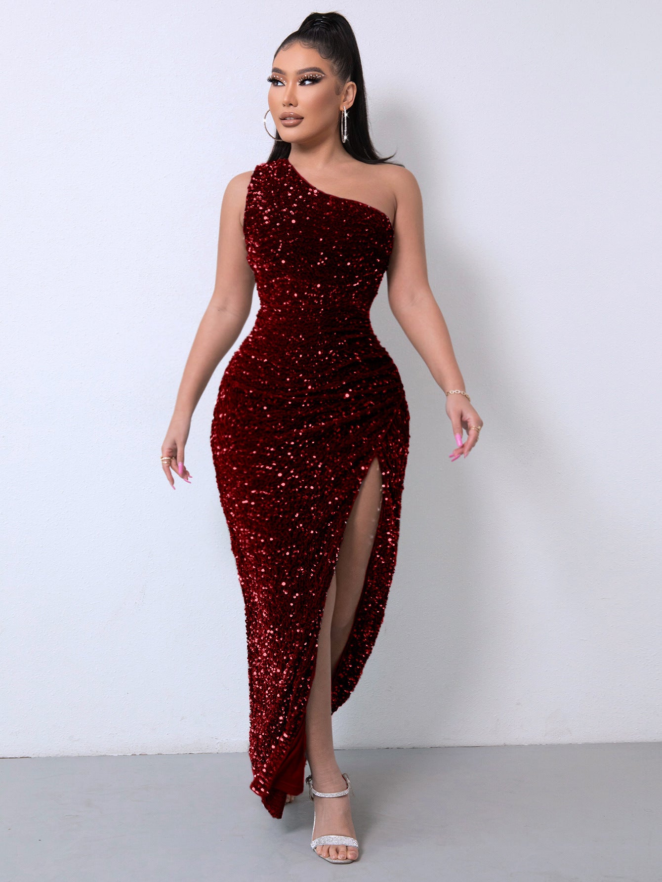 Sleeveless One Shoulder Slash Neck Sequins Gorgeous Slit Women's Dress