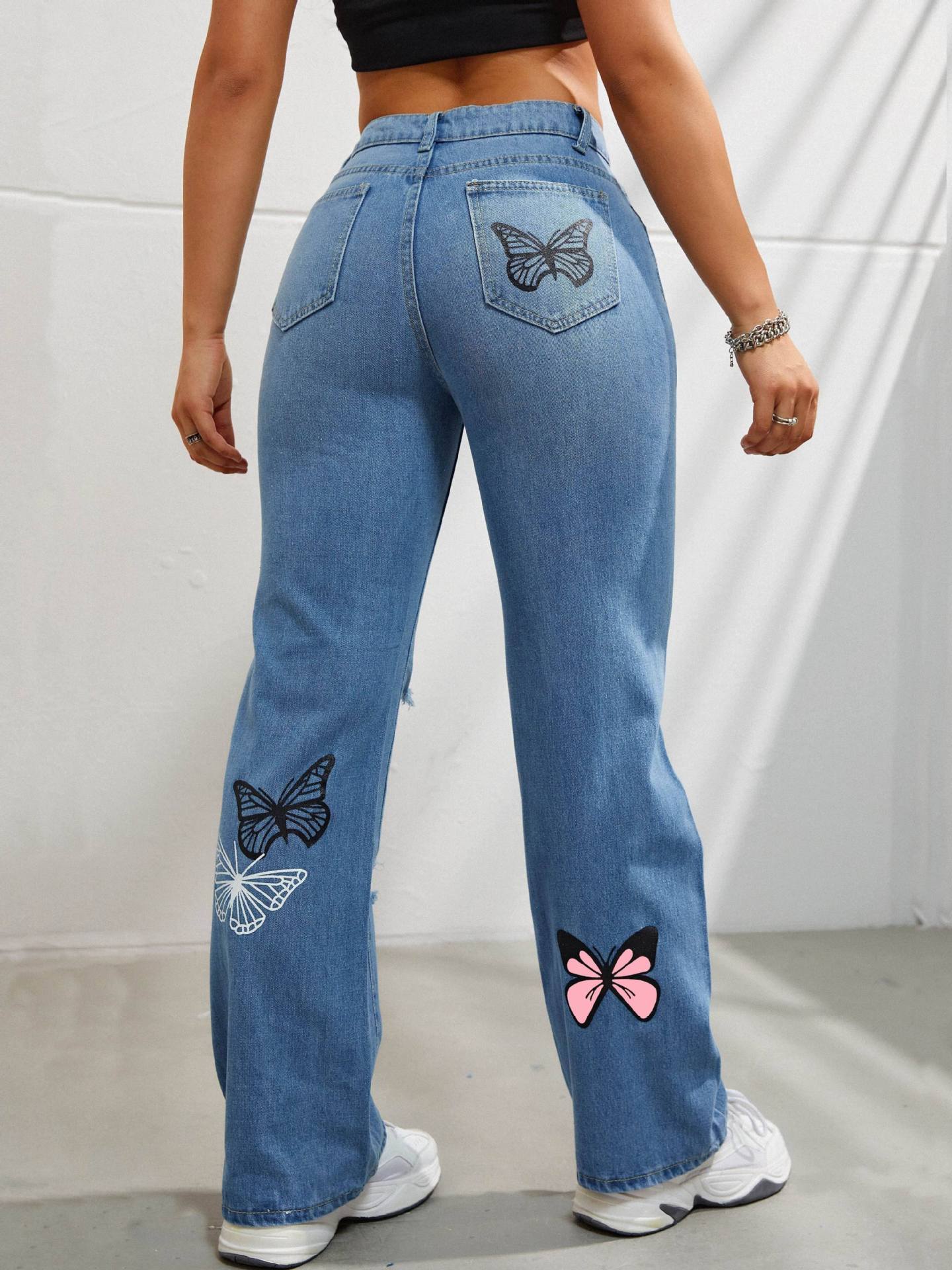 Butterfly Bliss High-Waisted Ripped Jeans – Trendy & Chic!  High Waisted Straight Leg Jeans For Women Trendy Butterfly Print Ripped Distressed Denim Pants - JumoShop