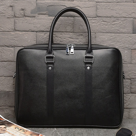 Men's Handbag - Real Handbag Double Zipper Cattlehide Leather Fashion