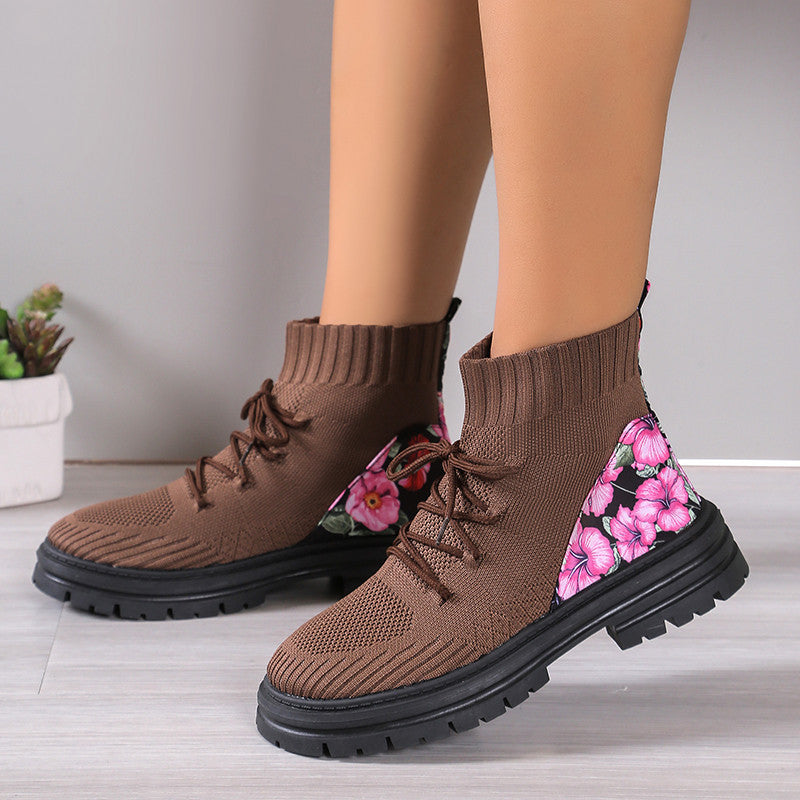 Knitted Flowers Print Boots
