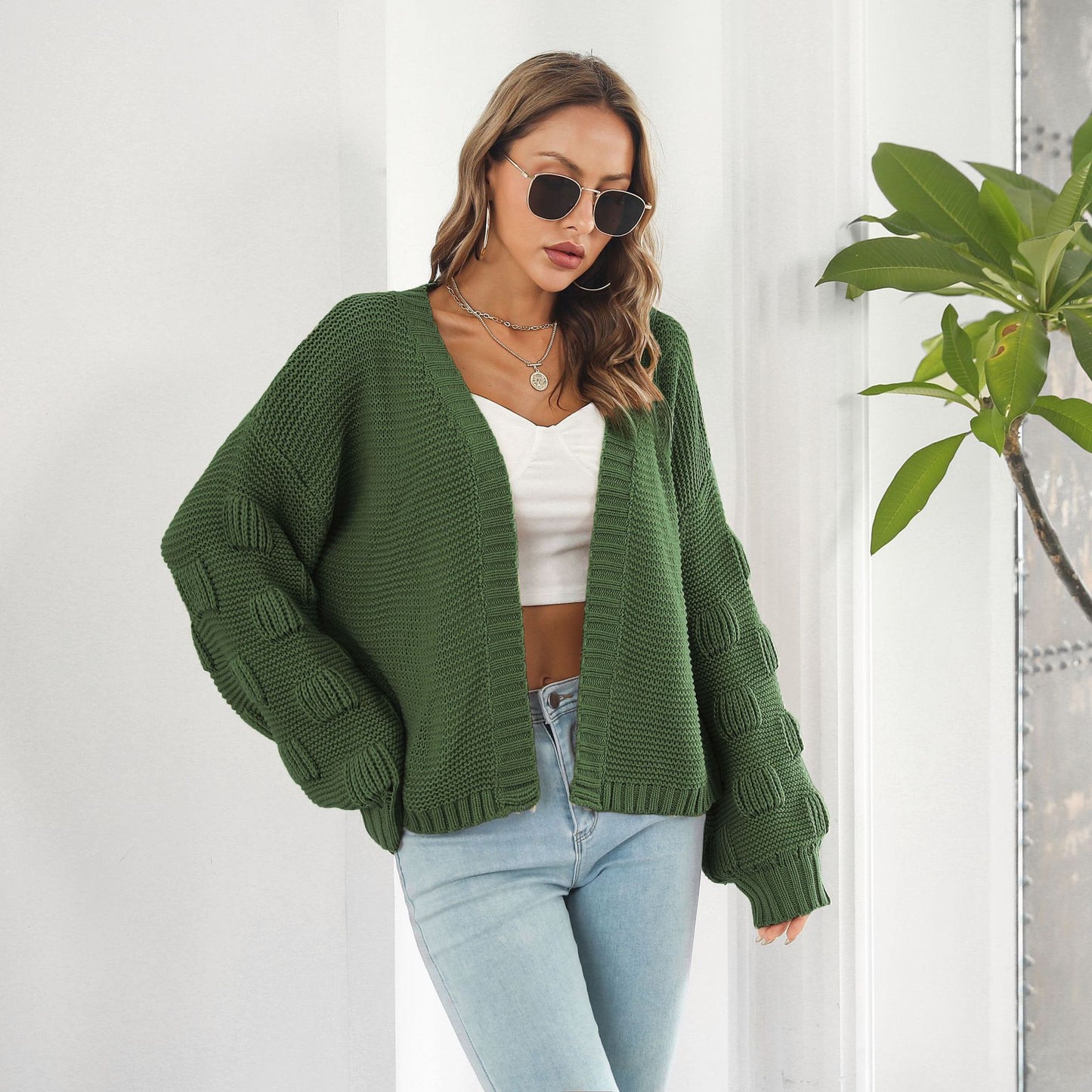 Puff Sleeve Cardigan Sweater - Women Clothes Front Chunky Knitwear Coat