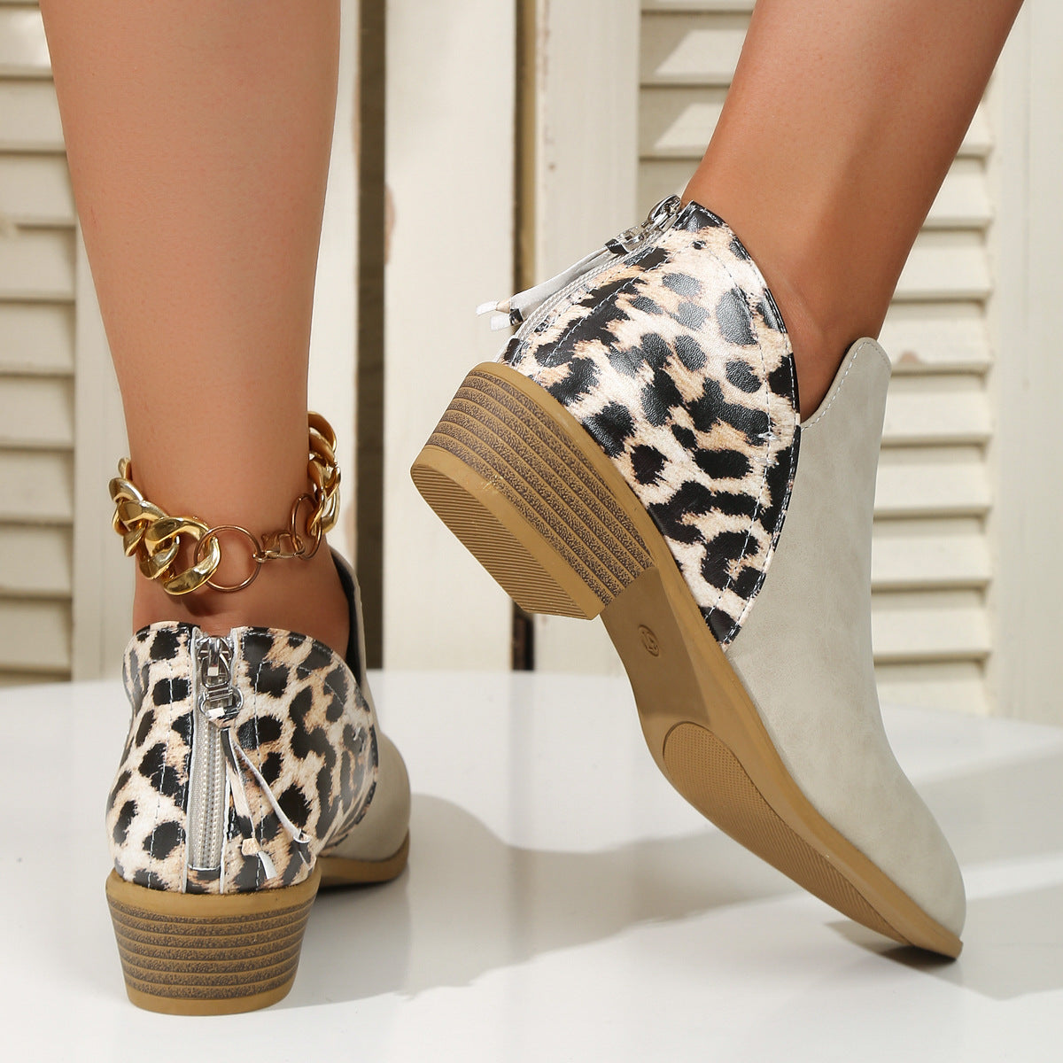 Leopard Print Boots - Women Pointed Toe Chunky Heel Back Zipper Shoes
