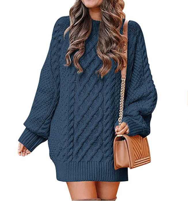 Women Round Neck Long Sleeve Twisted Knitted Sweater - Mid-length Dress Sweater