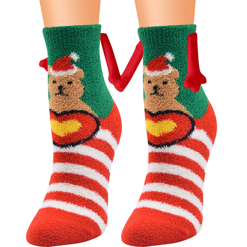 Christmas Supplies Magnetic Suction Hand In Hand Couple Socks - Coral Fleece Tube Socks Warm Slipper Bed Socks Winter Soft Warm Slipper