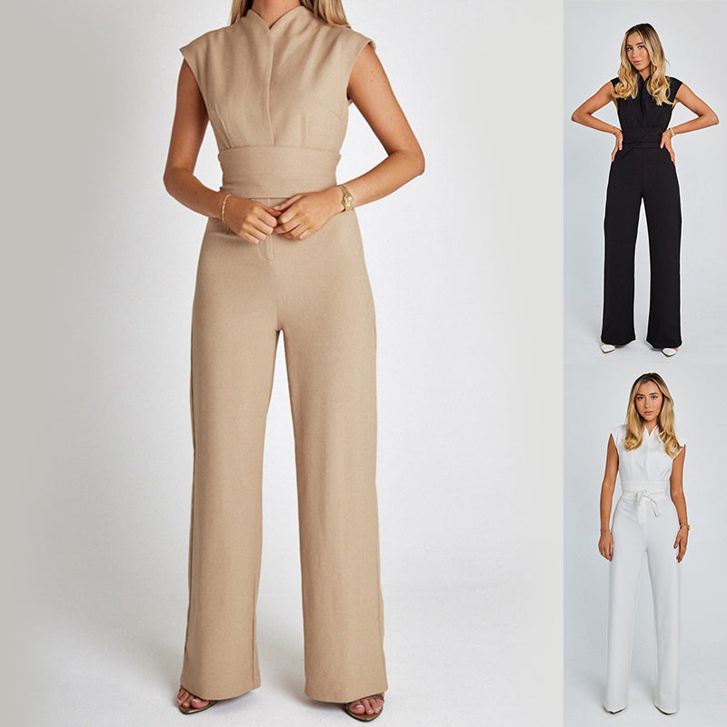 Elegant Long Sleeveless Jumpsuit - Summer V-neck Casual Wide Leg Long Overalls Clothing For Women