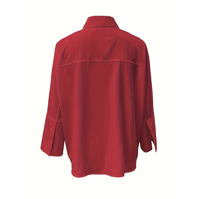 Women's Solid Color Fashion V-Neck Blouse - Puff Sleeve Button-Down Long-sleeved Shirts For Spring & Fall