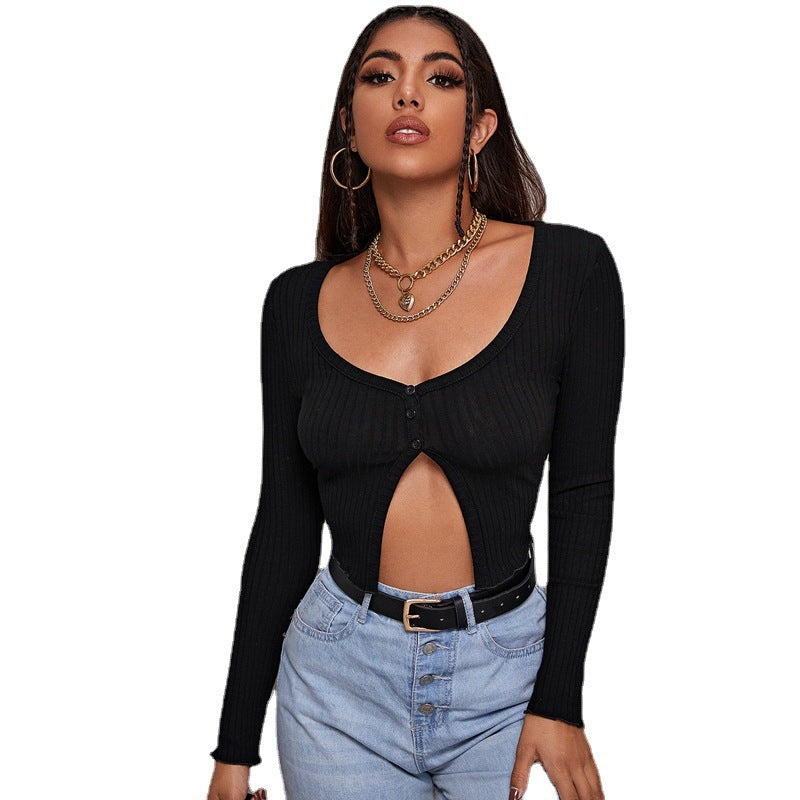Long Sleeved Crop Cardigan Top - Sexy Button Knit T-shirt