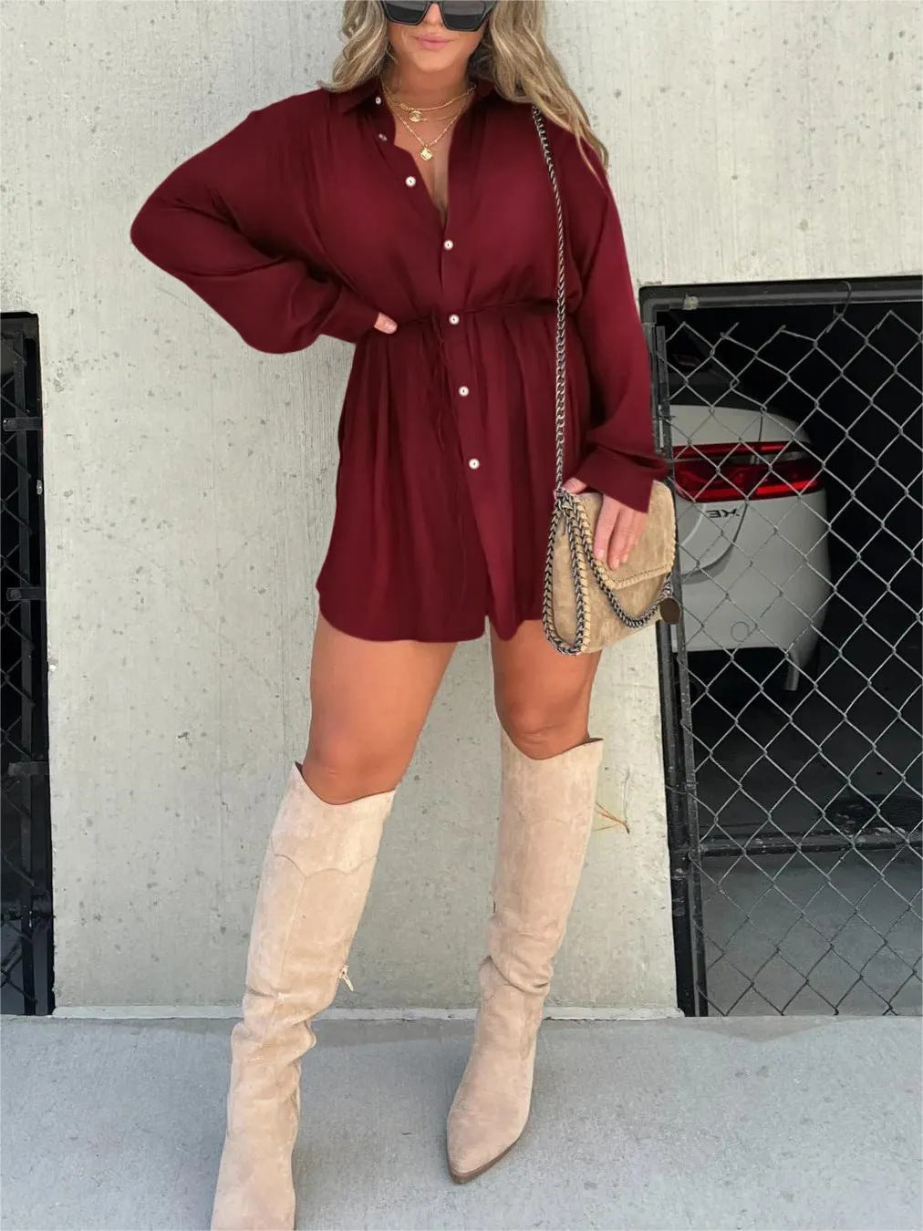 Women's Long Sleeve Long Button Down Shirt - Fashion Shirt Dress
