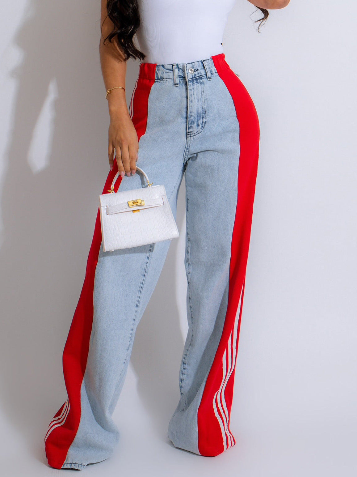 Stylish High Waist Elastic Baggy Pant -  Three Stripe Patchwork Denim Wide Leg Pants Streetwear