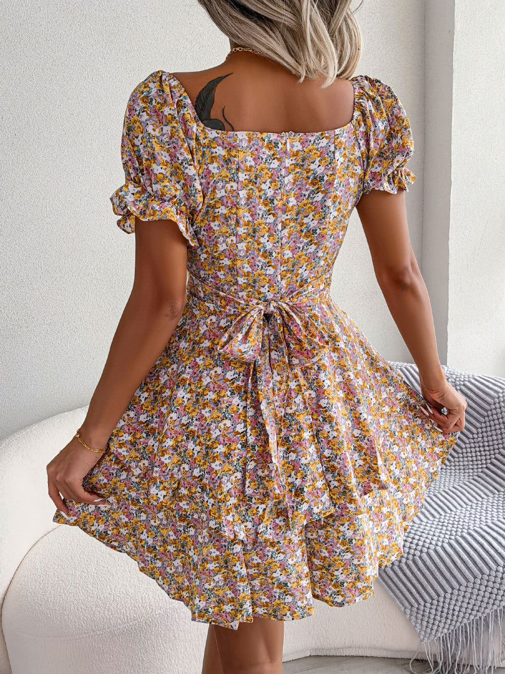 Women Mini Dress - Temperament Big Swing Loose Hem Flower Print Shirring Dress Up Short Sleeves High Waist Summer Dress Clothes