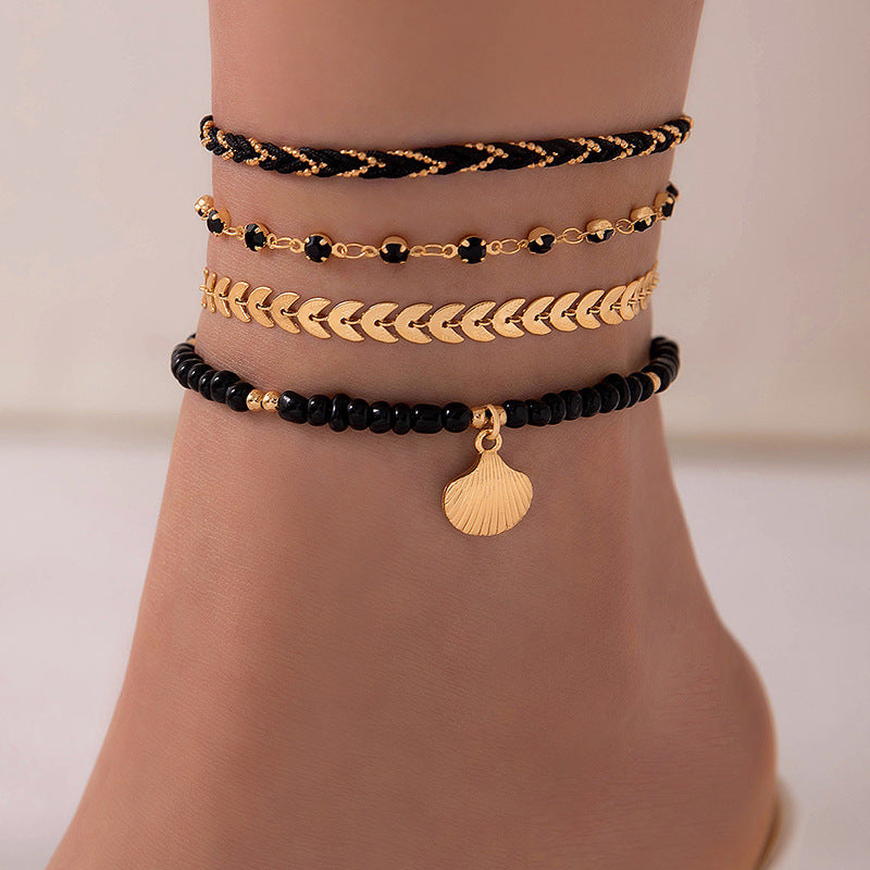 4pcs Set Bohemian Woven Rope Foot Chain-  For Men And Women Geometric Alloy Black Beads Dropping Oil Anklet Set Summer Fashion Jewelry
