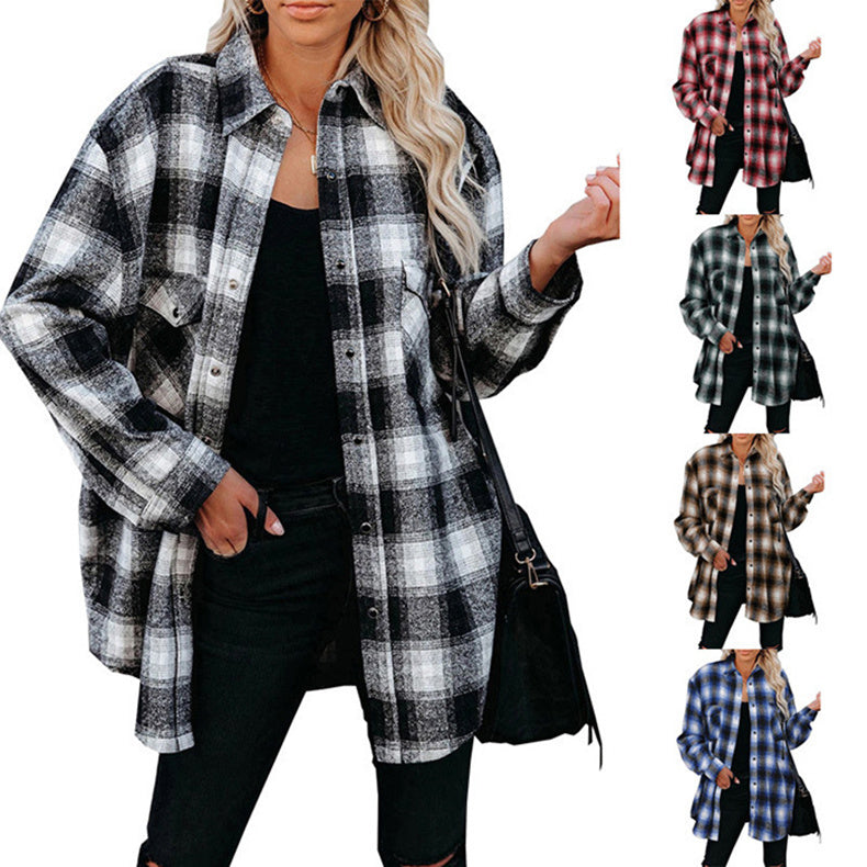 Plaid Spring Mid-length Loose Blouse - Turndown Collar Shirt Clothing