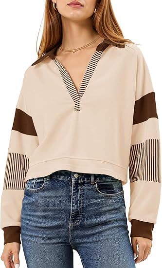 Fashionable Women's Long Sleeve Crop Tops - V Neck Color Block Casual Loose Pullover Cropped Sweatshirt