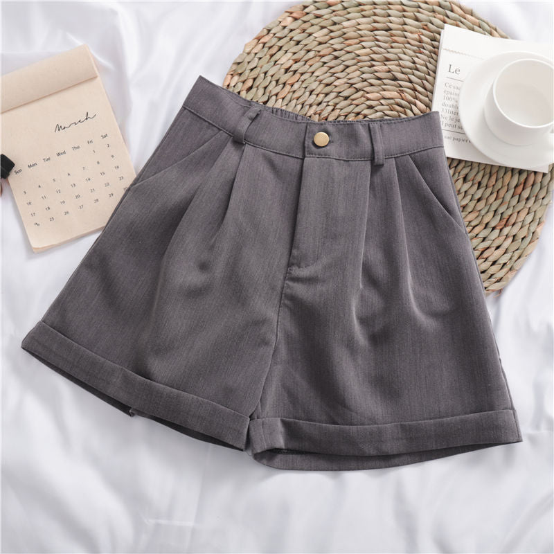 Solid Color Roll-up Wide-leg Casual Shorts