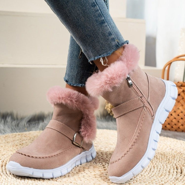 New Snow Boots - Winter Warm Thickened Solid Color Plush Ankle Boots With Buckle Design Plus Velvet Flat Shoes For Women