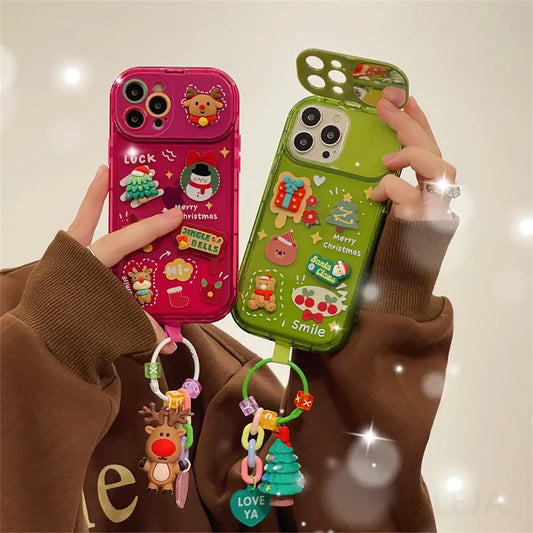Silicone Protection Cover- Xmas Santa Claus Cute Elk Hat Pendant Flip Christmas Phone Case For I Phone 15 14 13 12 11 Pro Max Pro