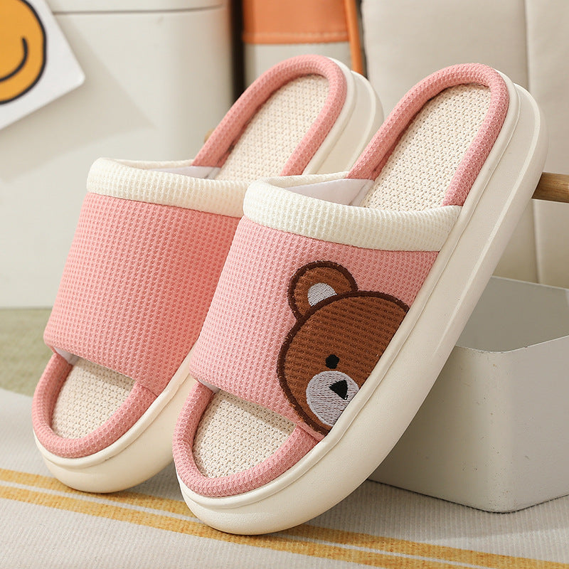 Cute Cartoon Bear Linen Slippers For Women -- Indoor Non-slip Sweat-absorbent Breathable Slip On Floor Bedroom Slipper House Shoes