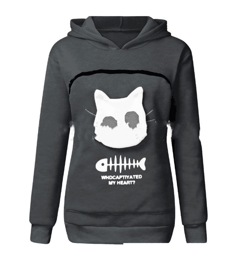 Women Hoodie Sweatshirt With Cat Pet Pocket Design - Long Sleeve Sweater Cat Outfit