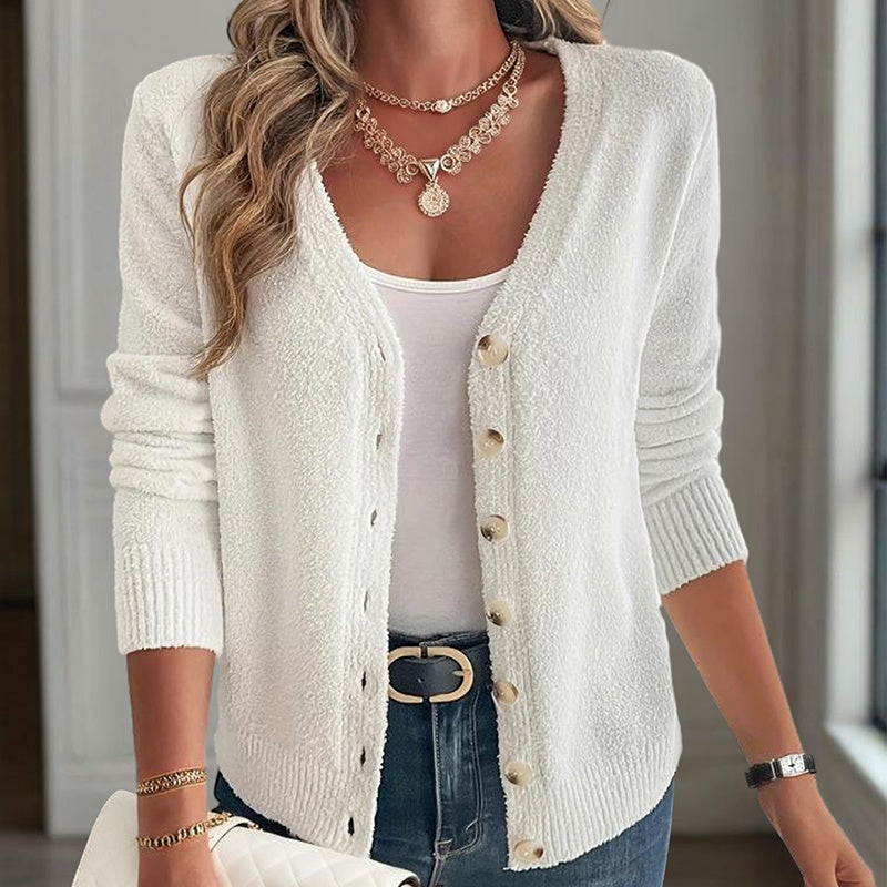 Women's V-Neck Button Cardigan - Front Button Long Sleeve Knit Cardigan For Spring & Fall Elegant For Casual Wear