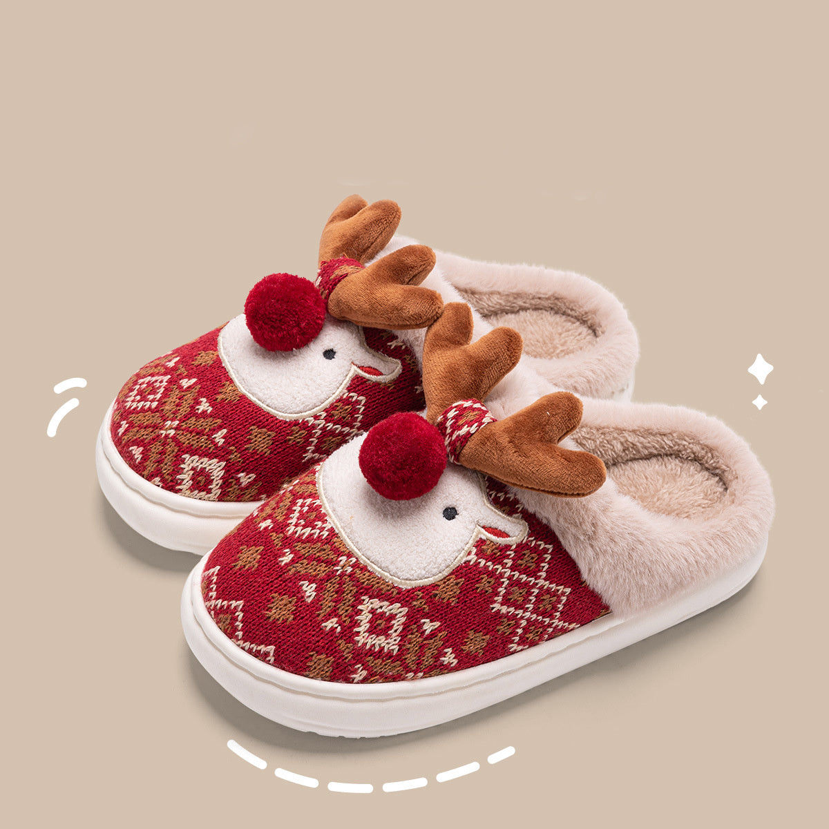 Cute Christmas Elk Plush Slippers - Winter Ins Fashion Non-slip Floor Bedroom Home Slippers For Women