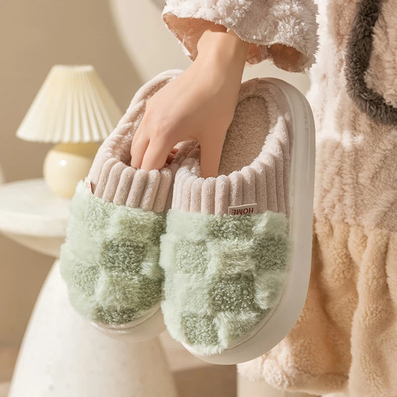 Plaid Plush Slippers - Women's Indoor Plush Home Slippers