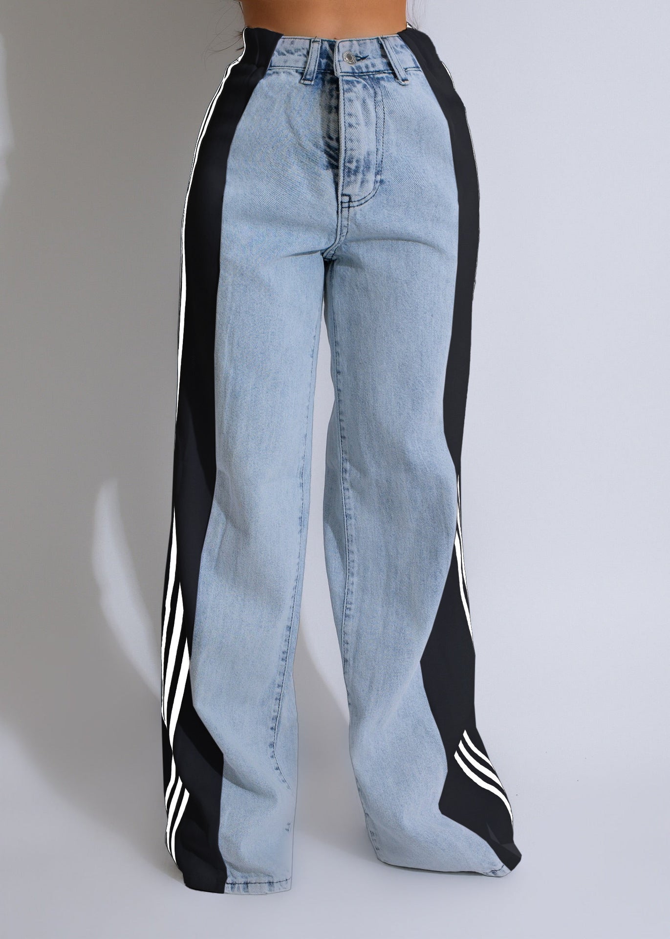 Stylish High Waist Elastic Baggy Pant -  Three Stripe Patchwork Denim Wide Leg Pants Streetwear