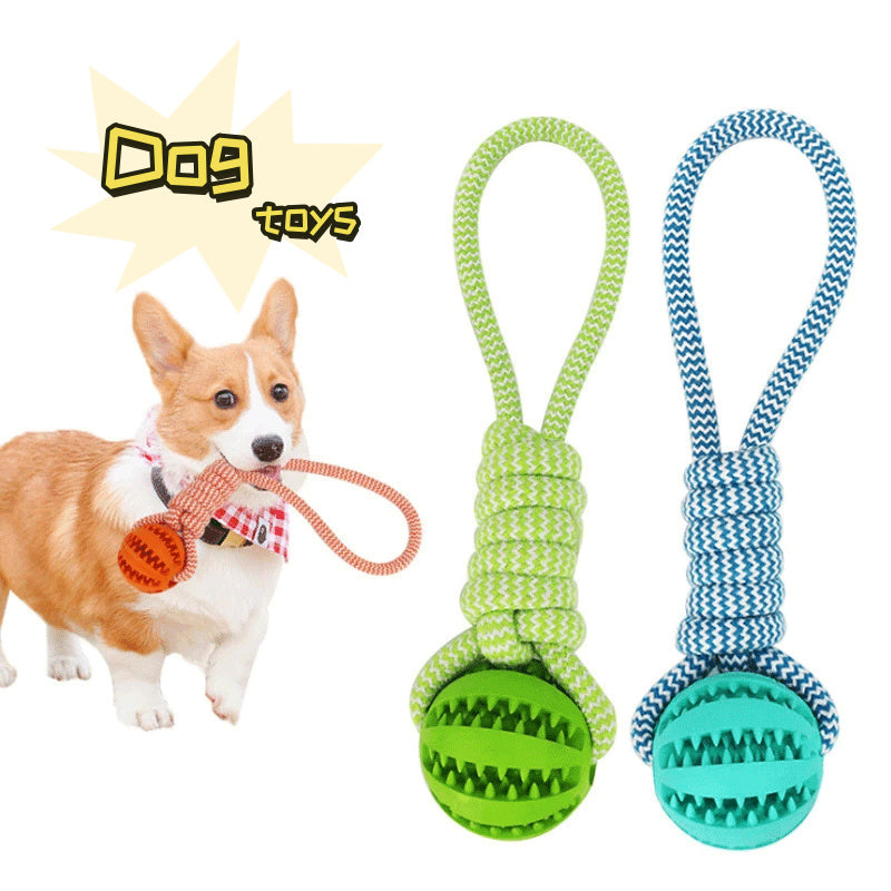 Dog Interactive Treat Rope With Rubber Leaking Balls - Dogs Chewing Bite Resistant Pet Tooth Cleaning