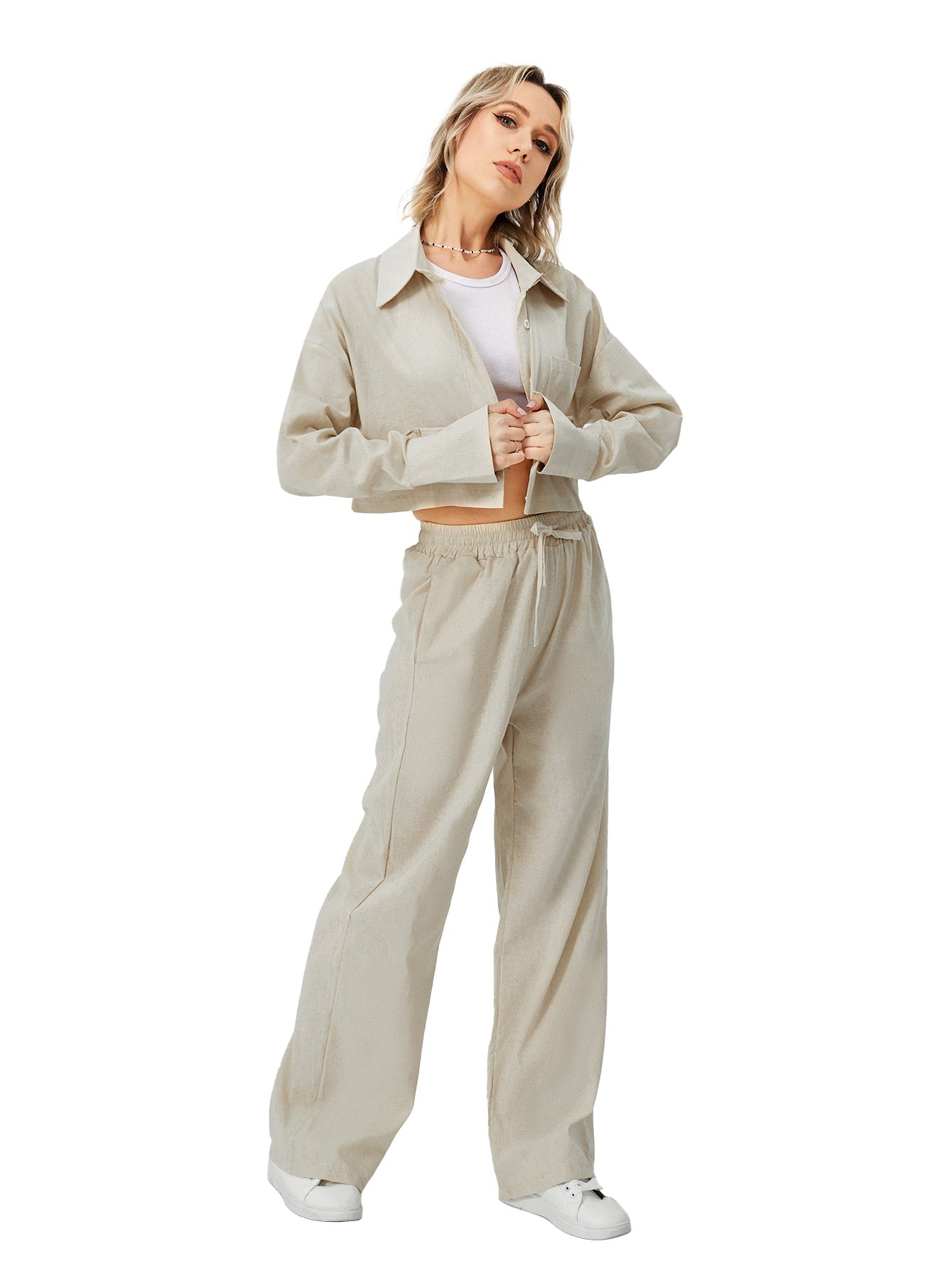 Women Two Piece Loungewear - Women Long Sleeve Button Down Wide Leg Pajama Set