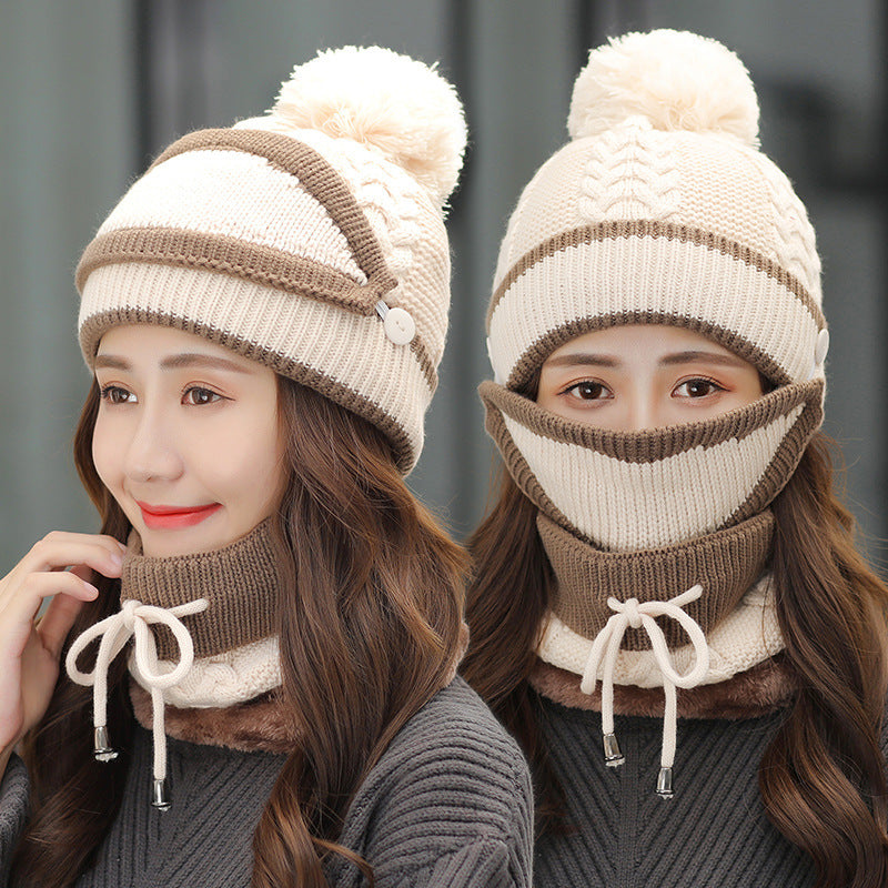 Winter Women 3pcs Knitted Beanie Hat - Scarf Set Warm Hat
