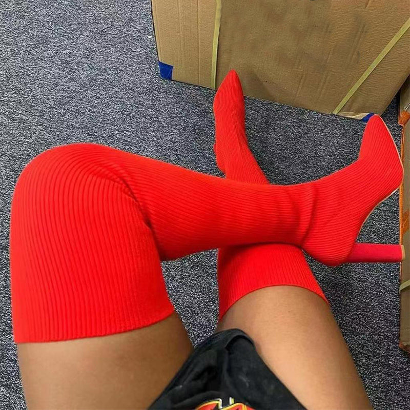 Over Knee Long Boots Pointed Toe High Heel - Stretch Knitting Shoes Women Winter Boot