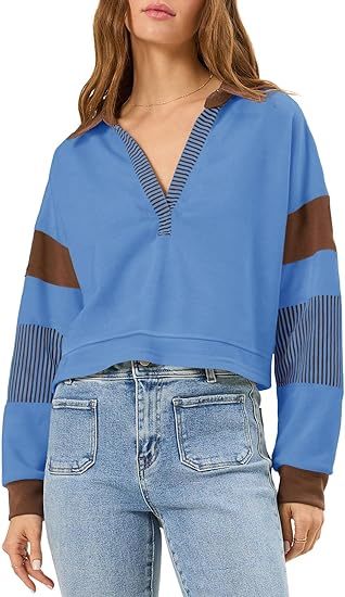 Fashionable Women's Long Sleeve Crop Tops - V Neck Color Block Casual Loose Pullover Cropped Sweatshirt