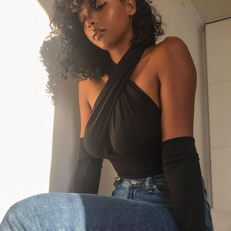 Versatile Tank Top Halter Neck Backless Strap top - Short Camisoles Solid Versatile