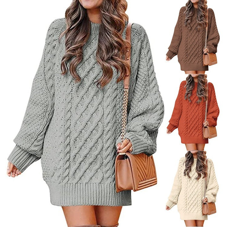 Women Round Neck Long Sleeve Twisted Knitted Sweater - Mid-length Dress Sweater