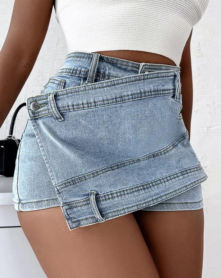 Y2K Street Vintage Denim Shorts - Stretch Overlap Waist Wrap Solid Asymmetrical Hem A-Line Skinny Mini Skorts Skirt