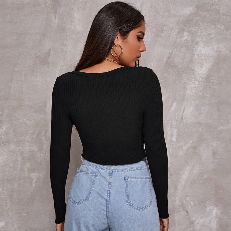 Long Sleeved Crop Cardigan Top - Sexy Button Knit T-shirt