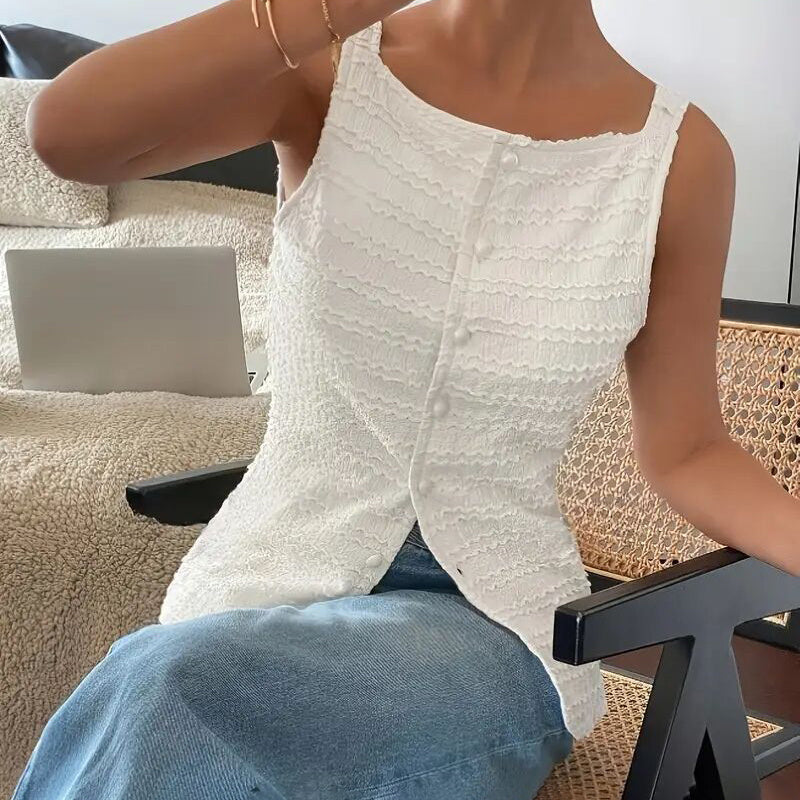 Fashionable Square Neck Button Blouse - Womens Trendy Square Neck Button Up Vest Top Y2k Going Out Tank Tops