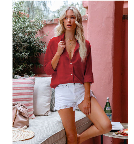 Loose Button Lapel Cardigan Top - Long Sleeve Shirt Women Blouses