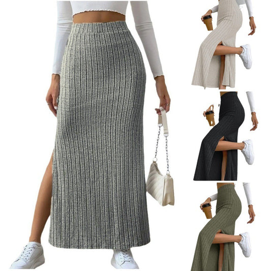 Spring Long High Waist Side Slit Skirt -  Slim Fit Knitted Women's Dress