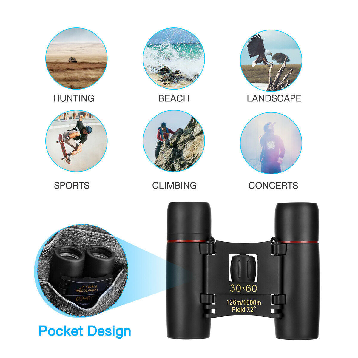Binoculars 30x60 Zoom Travel Compact Folding Telescope - Hunting Day Night Outdoor Small Pocket Binoculars