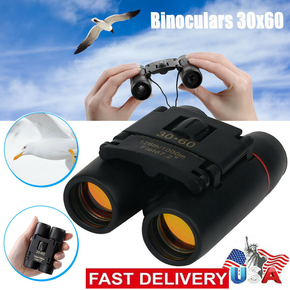 Binoculars 30x60 Zoom Travel Compact Folding Telescope - Hunting Day Night Outdoor Small Pocket Binoculars