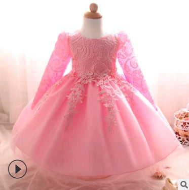 Long-Sleeved Girls Rose Dress - Children's Wedding Dress