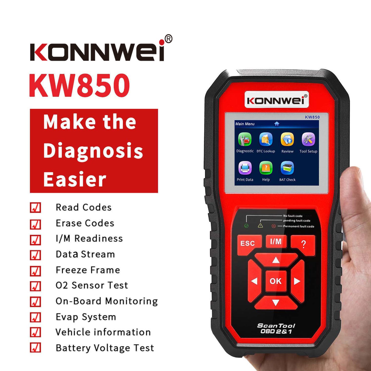 KW850 OBD2 CAN BUS Code Reader - Car Engine Fault Code Detector Scanner