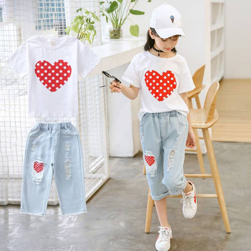 Girls White T-shirt & Ripped Jeans Kids Suit