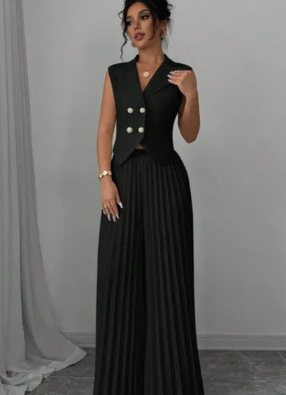 Summer Sleeveless Suit - Fashion Lapel Button Vest Top And Pleated Straight Pants Women's Trousers Set Clothing