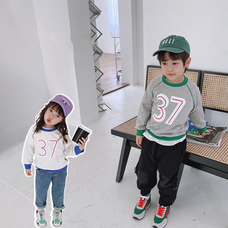 Children's Round Neck Sweater - Boy/Girl Number 37 letter Sweater, color matching Korean boys" sweater