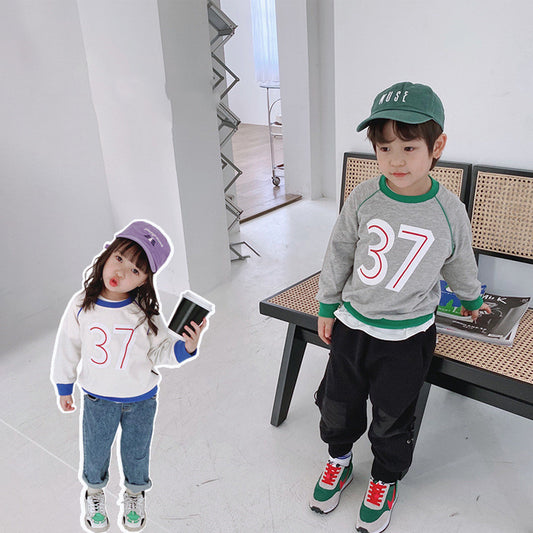 Children's Round Neck Sweater - Boy/Girl Number 37 letter Sweater, color matching Korean boys" sweater